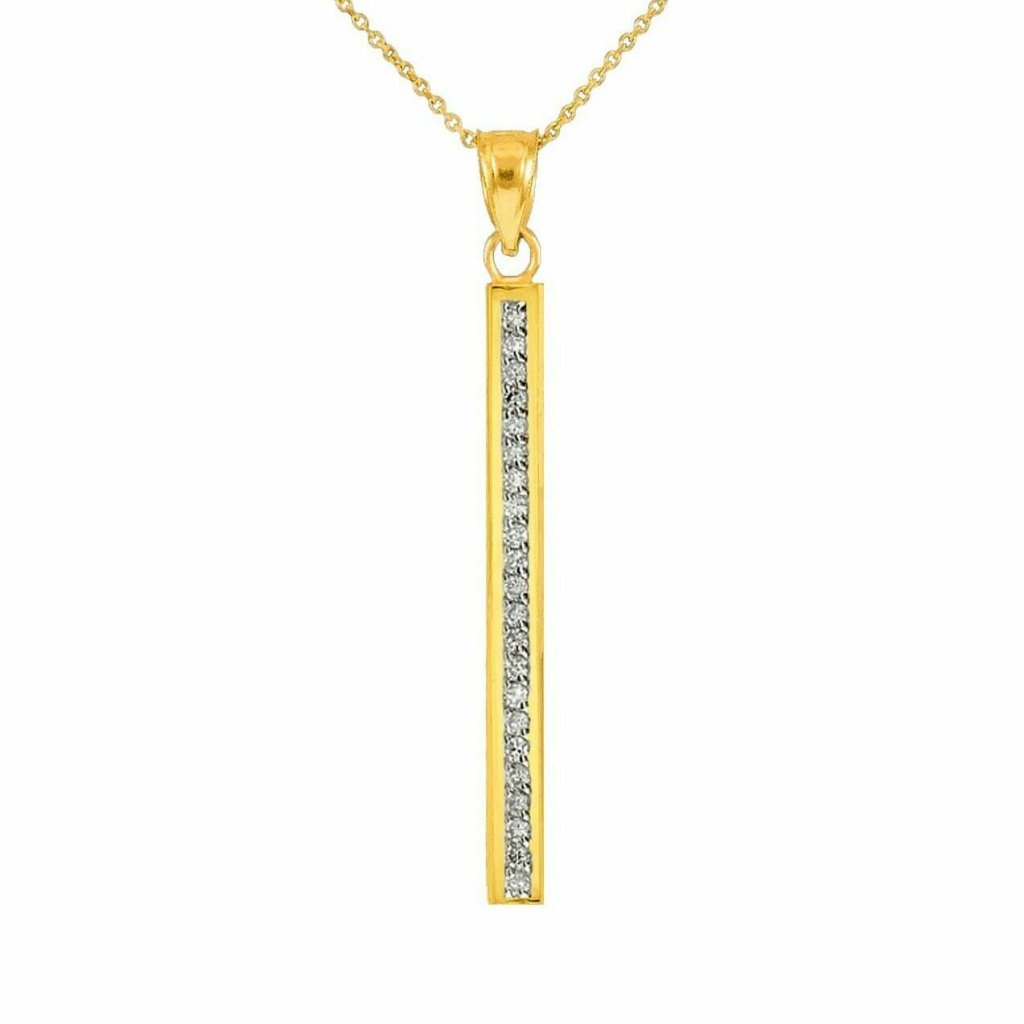 Solid 14k Real Gold Vertical Diamond Bar Necklace 611$